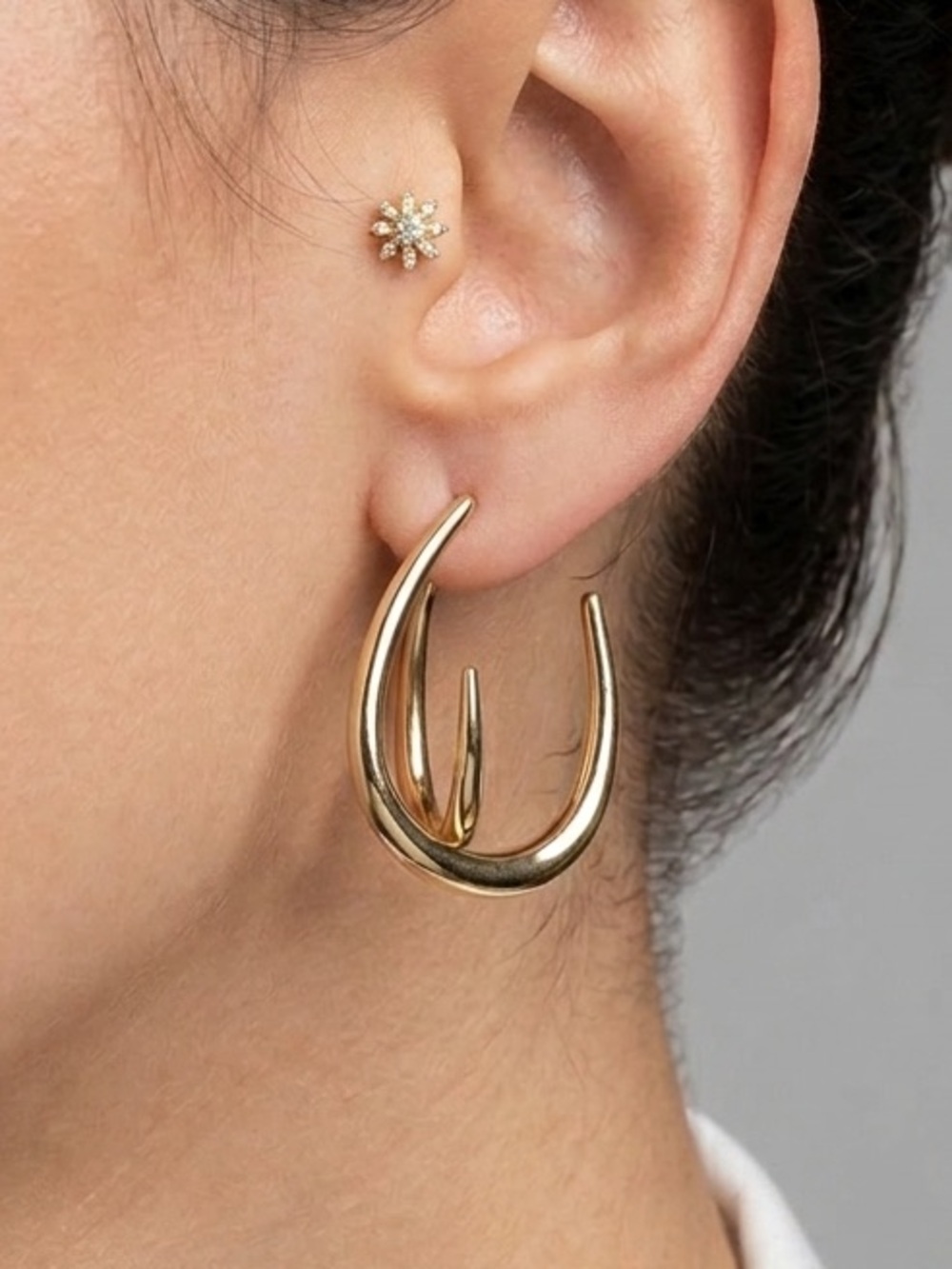 14K Gold Plated Double Layer Tear Drop Earrings Rhodium Finish Water Resistant